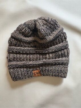 Gray and Tan Knit Beanie Hat - Women's Winter Accessory